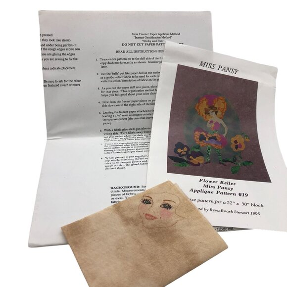 Vtg Miss Pansy Applique Pattern #19 By Reva Roark Stewart 1995 with Fabric Face - Picture 6 of 7